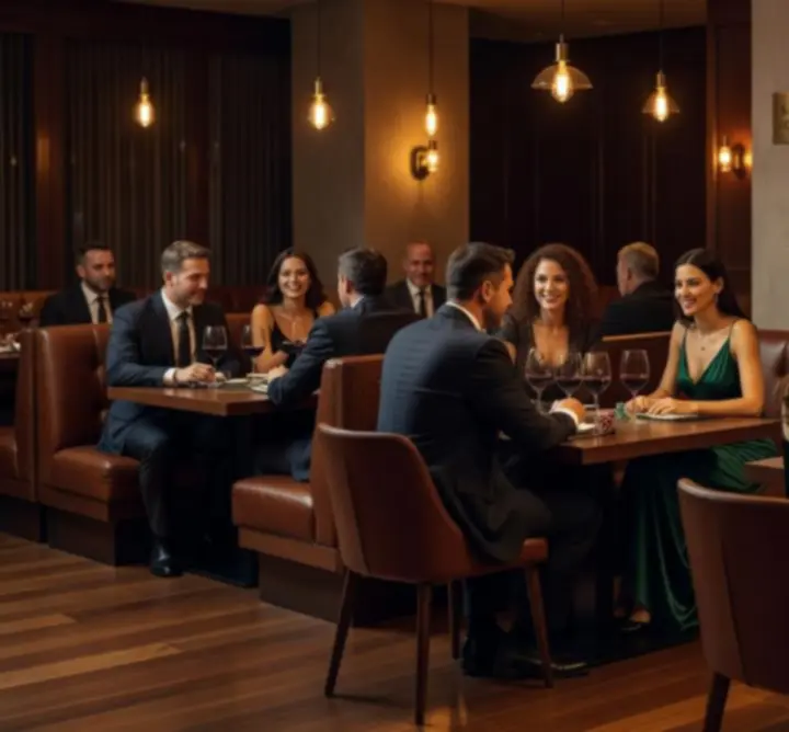 Elegáns éttermi belső tér, háttérben zajló offline poker est a Fresh Linen Works-ben.