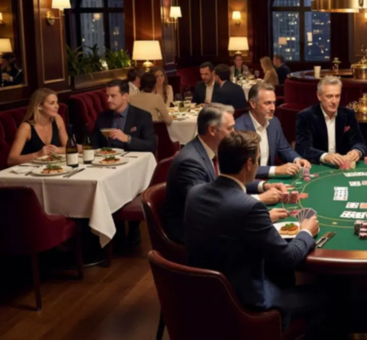 Vendégek egy elegáns offline poker asztal körül, finom ételek és italok mellett.